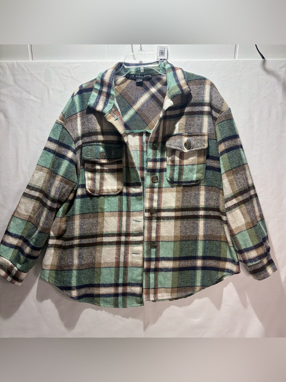 HYFVE Mint Green Brown Plaid Button-Front Teddy Jacket
